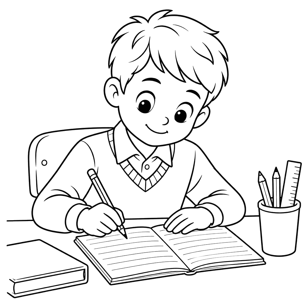 Desenho para colorir de aluno escrevendo no caderno