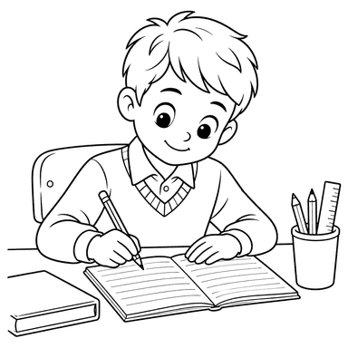 Desenho para colorir de aluno escrevendo no caderno
