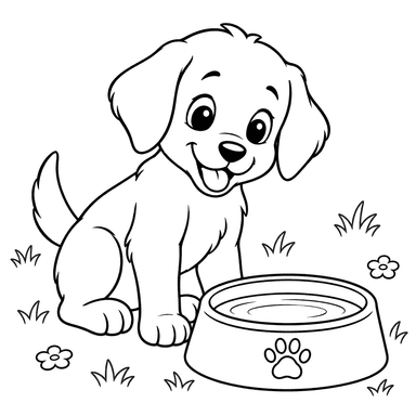 Desenho para colorir de cachorro junto à tigela de água