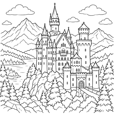 Neuschwanstein Castle in the Mountains Coloring Page