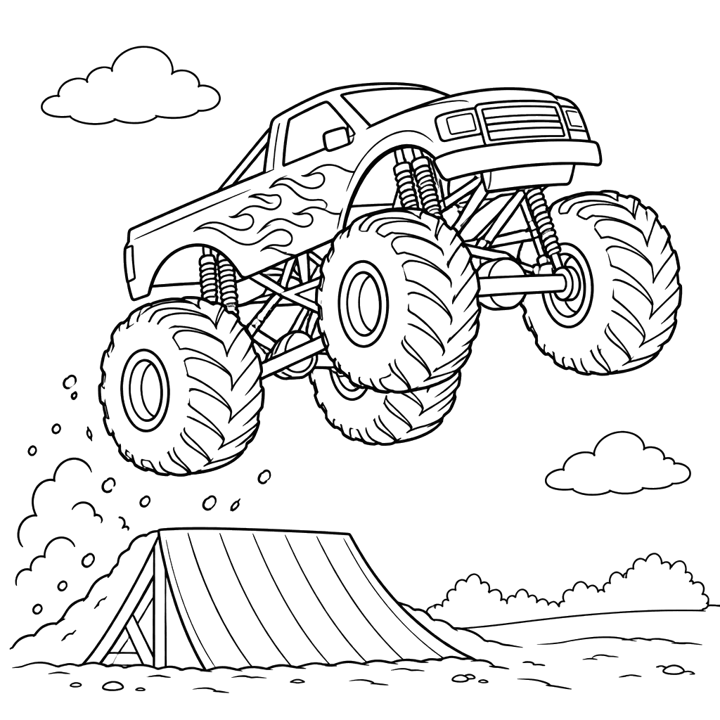 Desenho para colorir de monster truck saltando uma rampa
