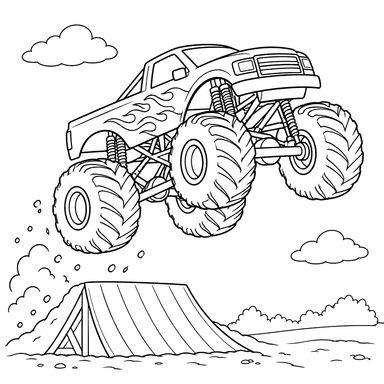 Desenho para colorir de monster truck saltando uma rampa