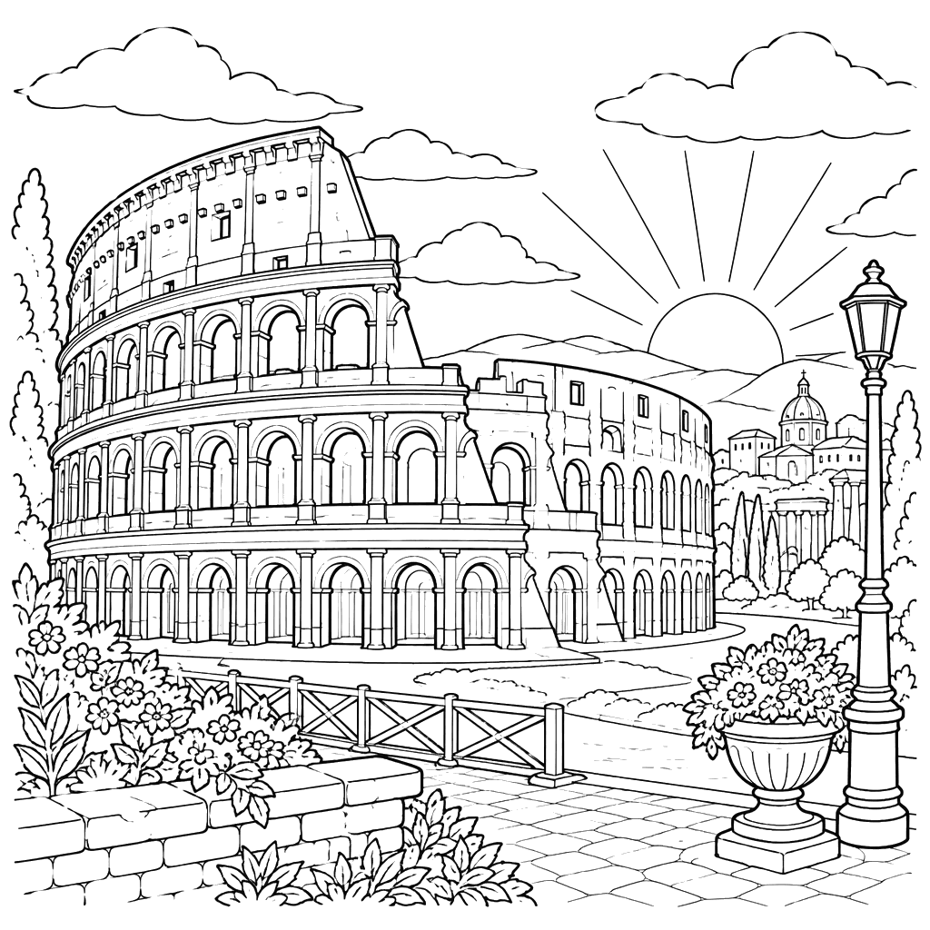 Colosseum at Sunrise, Italy Coloring Page