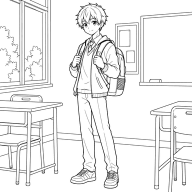 Anime-Junge mit Rucksack im Klassenzimmer – Ausmalbild