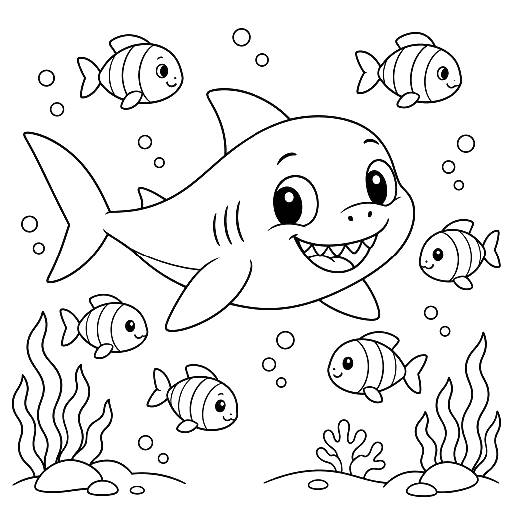 Petit requin parmi les poissons à colorier