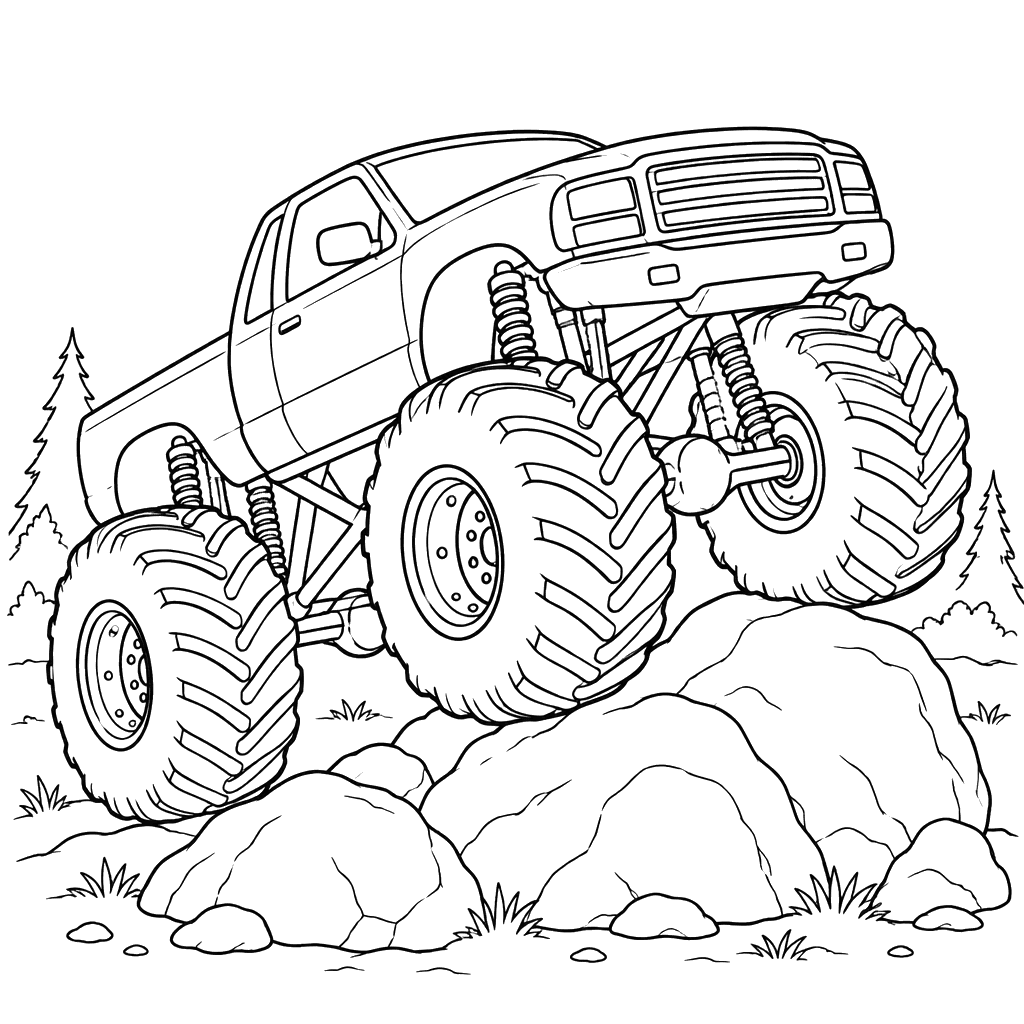 Desenho de monster truck sobre rochas