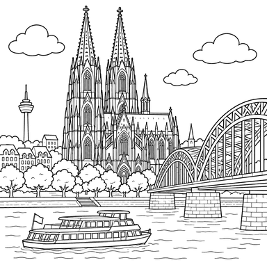 Dibujo para colorear de la Catedral de Colonia junto al Rin