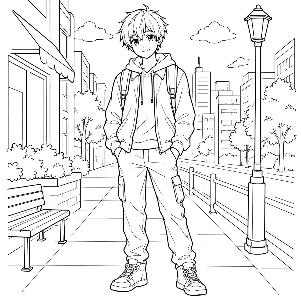 Desenho para colorir de menino anime na cidade