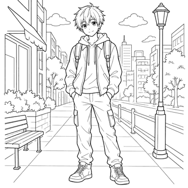 Anime-Junge auf einem Bürgersteig – Ausmalbild