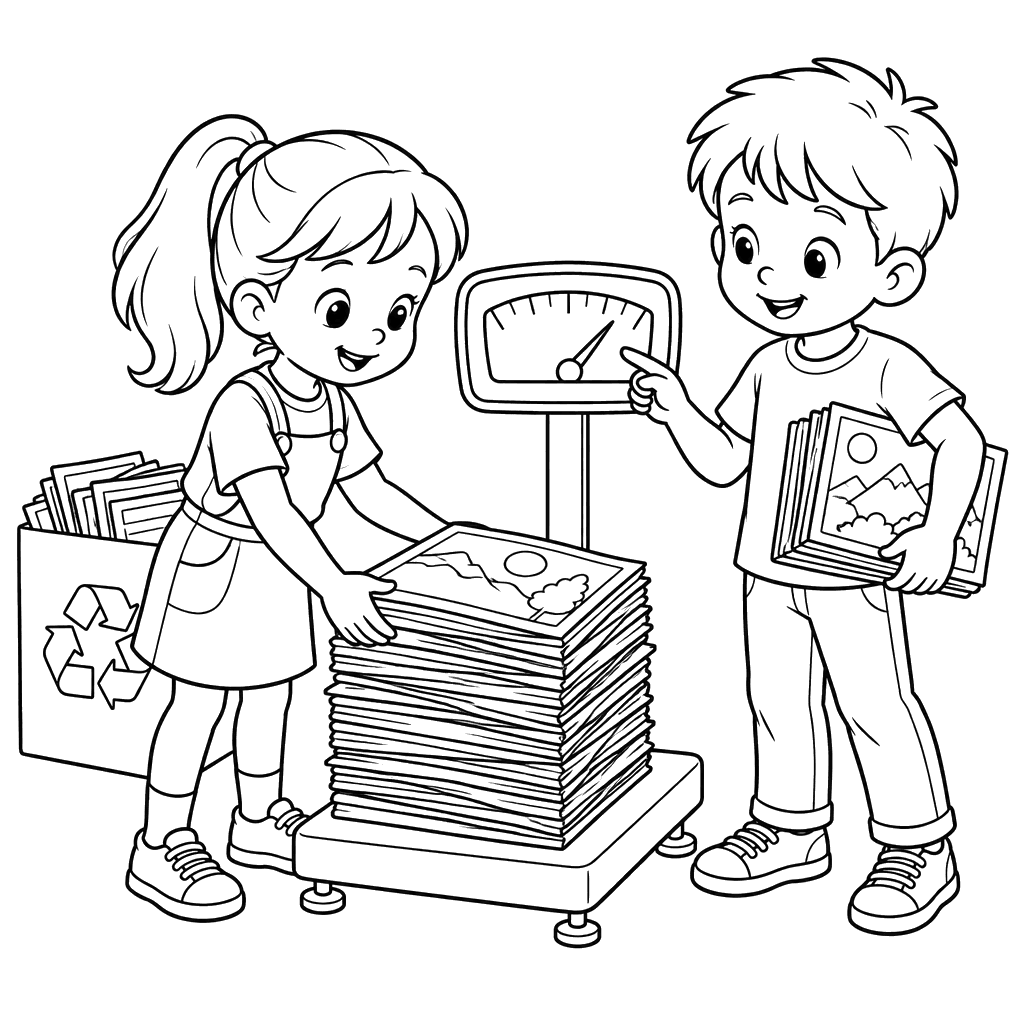 Desenho para colorir de crianças pesando revistas