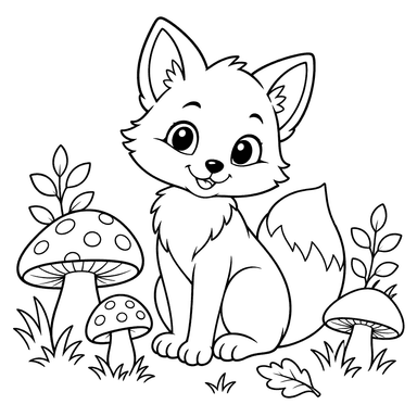 Filhote de raposa entre cogumelos da floresta