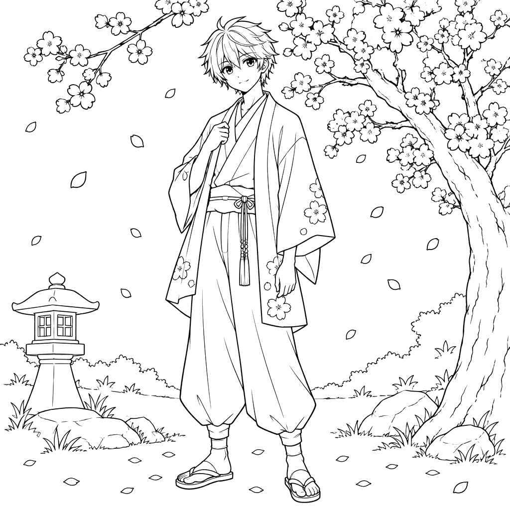 Anime Boy in a Kimono Under a Flowering Tree