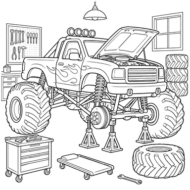 Dibujo para colorear de monster truck en garaje