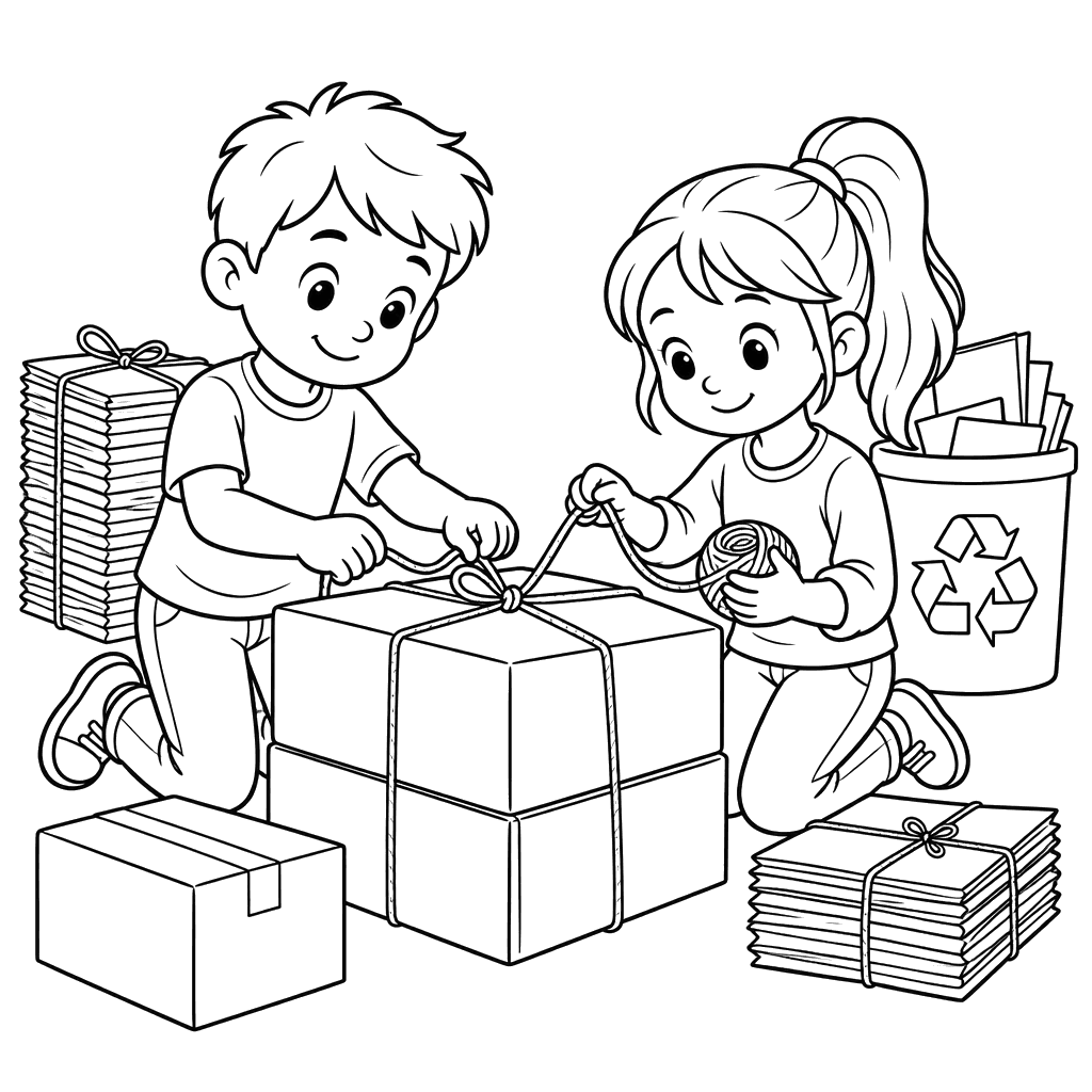 Crianças amarrando caixas de papelão para reciclagem