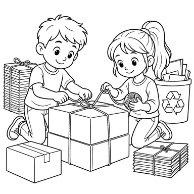 Crianças amarrando caixas de papelão para reciclagem