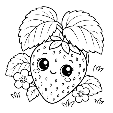 Desenho de morango fofo com flores para colorir