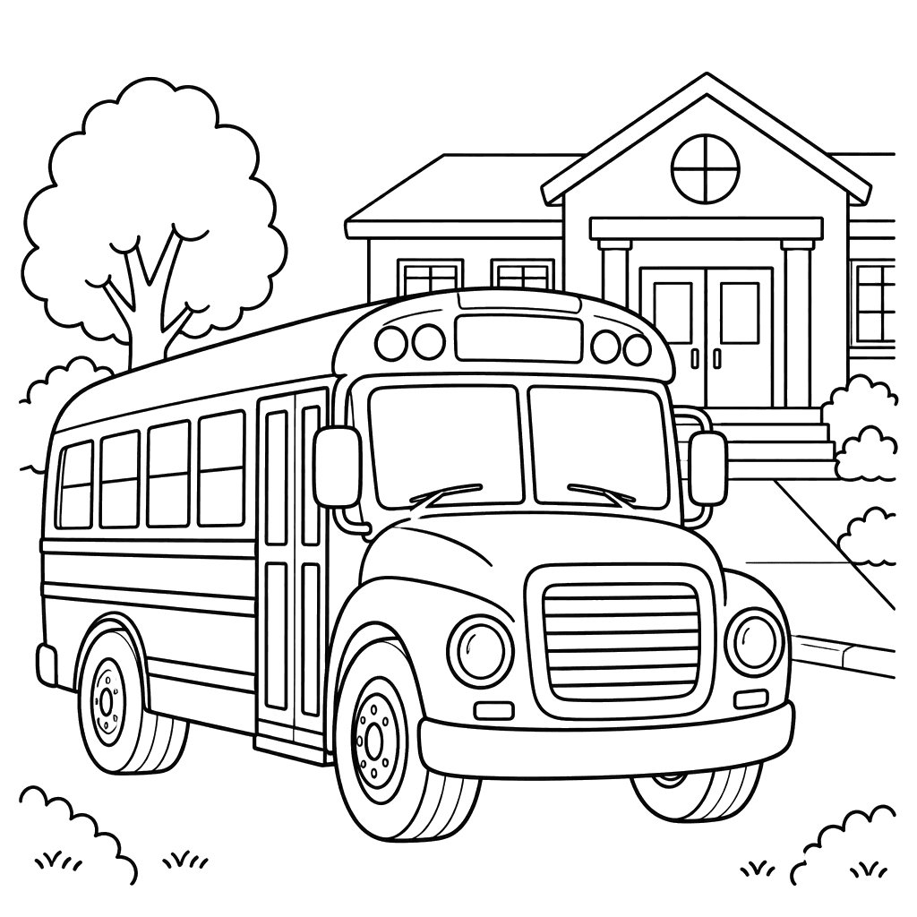 Ausmalbild: Schulbus am Schuleingang
