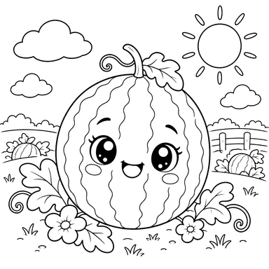 Lächelnde Wassermelone im Garten – Ausmalbild