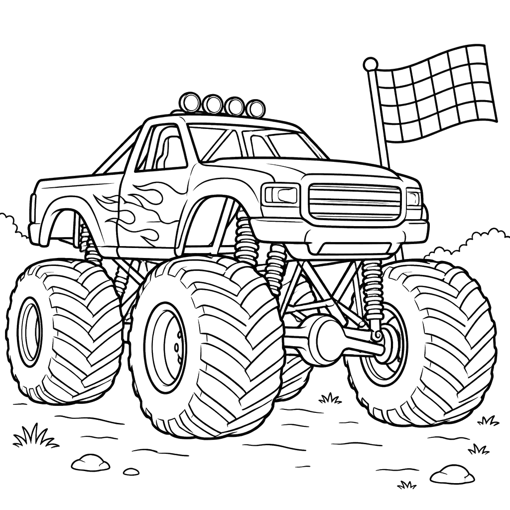 Desenho de monster truck junto à bandeira de largada