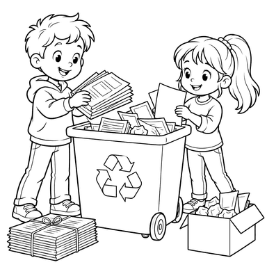 Kinder recyceln Papier – Ausmalbild