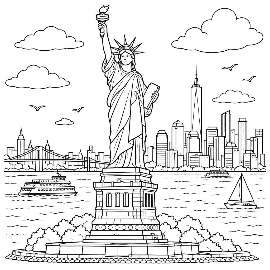 Statue of Liberty at a USA Harbor Coloring Page