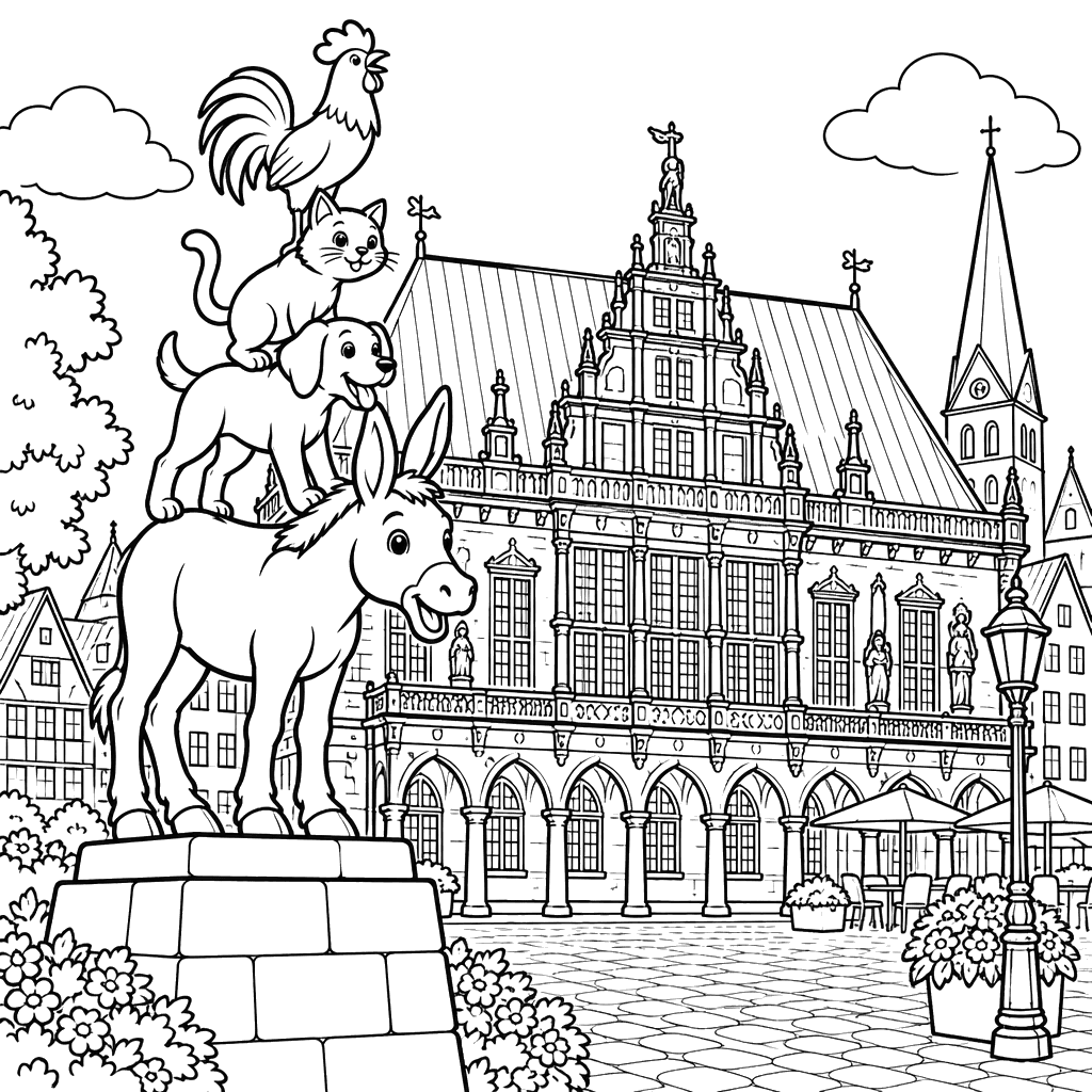 Bremen Town Hall and Town Musicians Coloring Page