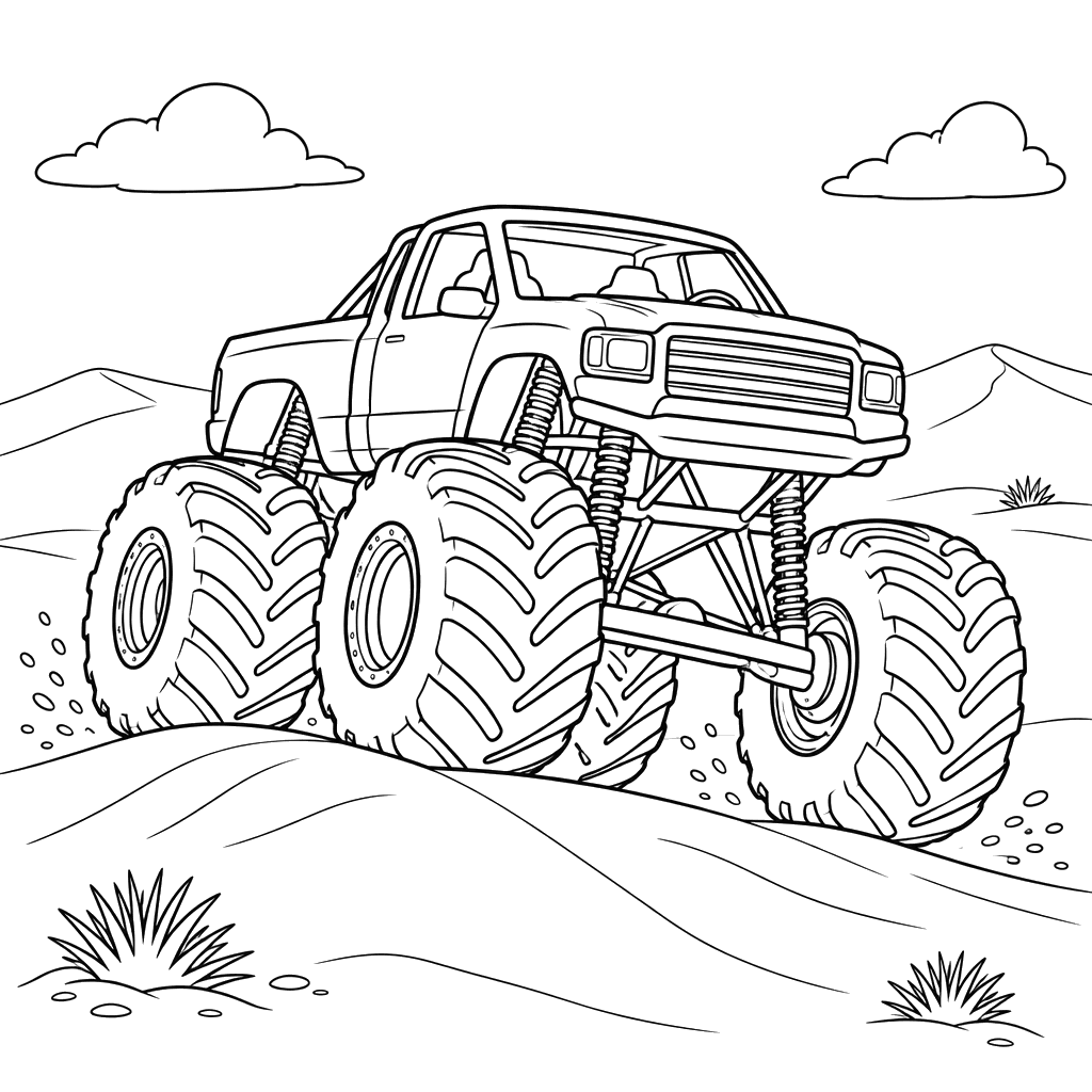 Página para colorir de monster truck nas dunas