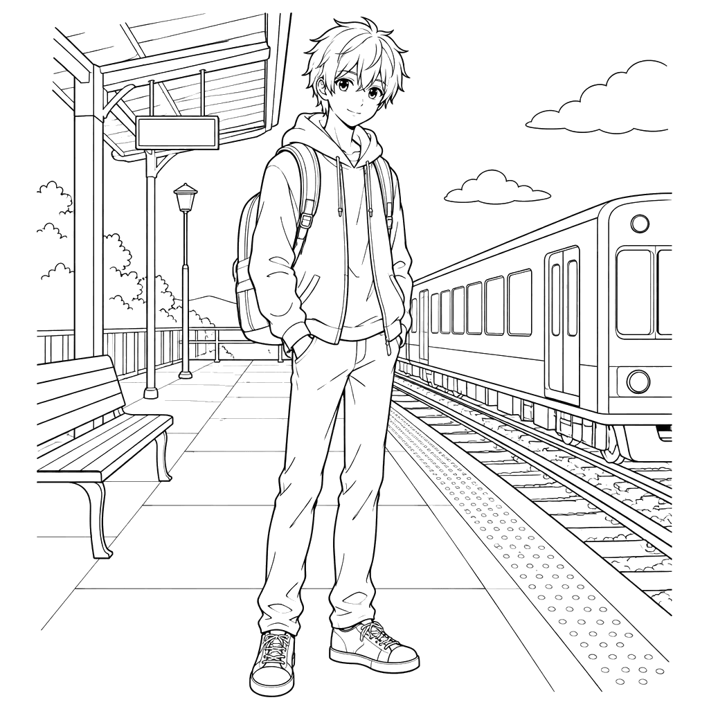 Desenho de menino de anime na estação