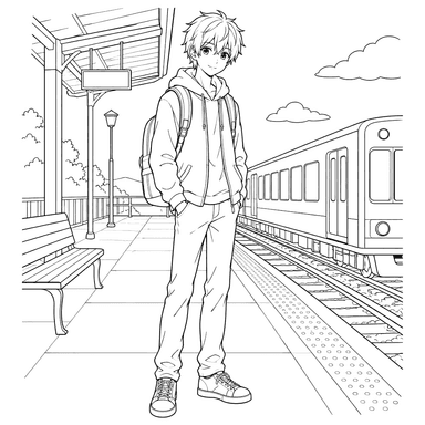 Anime-Junge am Bahnhof – Ausmalbild
