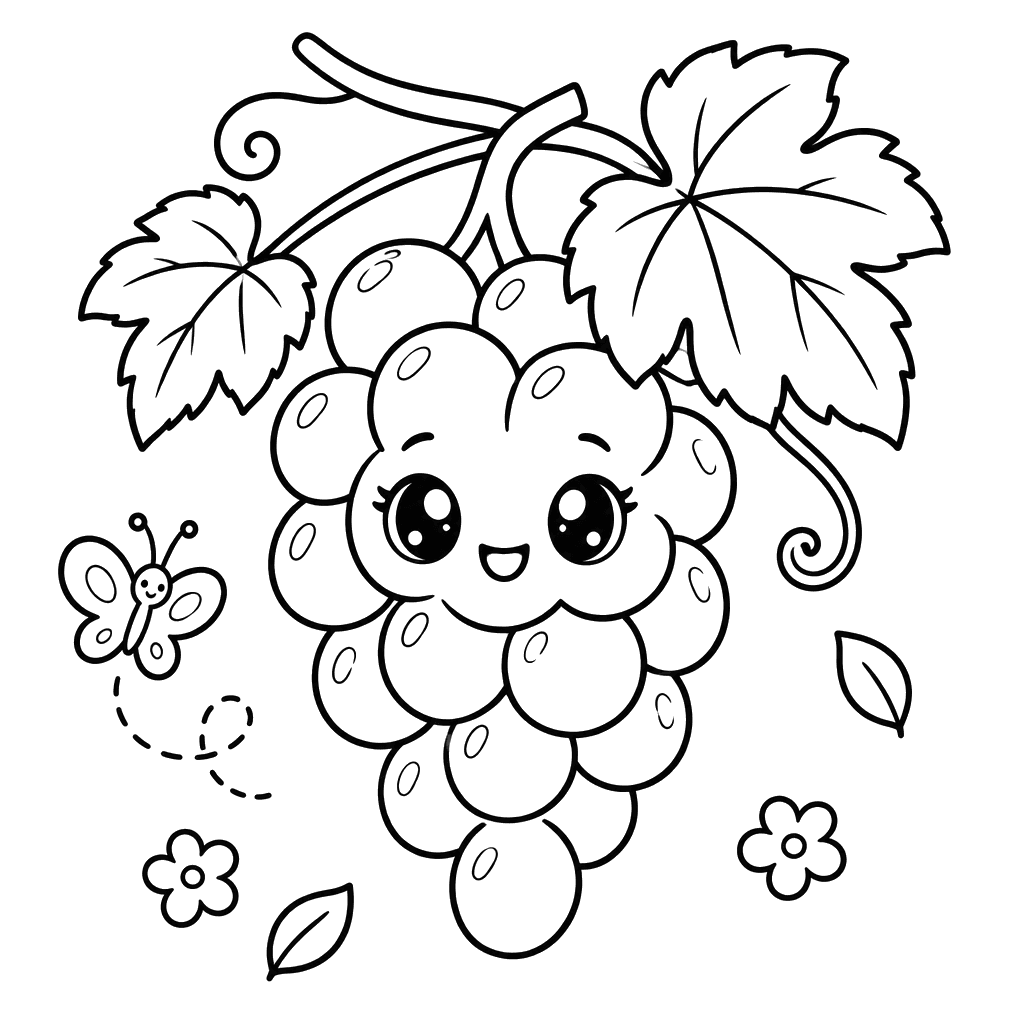 Dibujo para colorear de uvas kawaii y mariposa