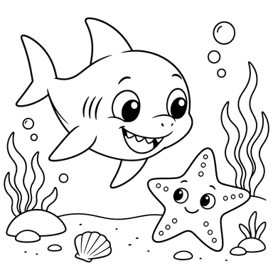 Desenho de tubarão bebê e estrela-do-mar