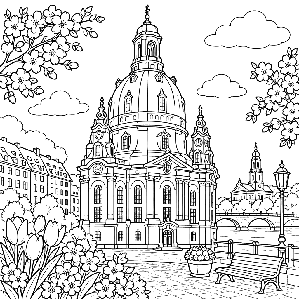 Dresden Frauenkirche in Spring Coloring Page