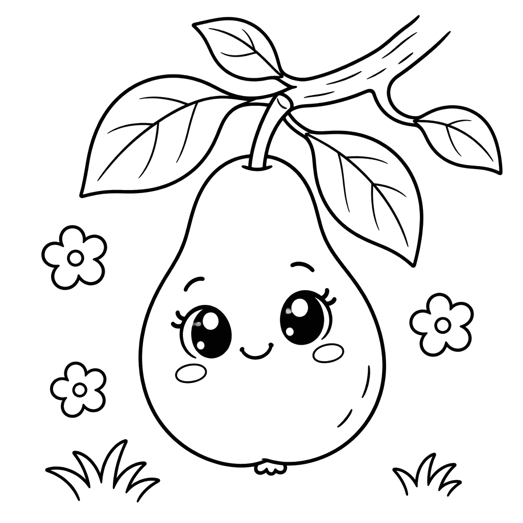 Desenho de pera kawaii sob um galho com folhas