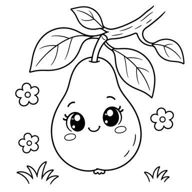 Kawaii-Birne unter Blattzweig – Ausmalbild