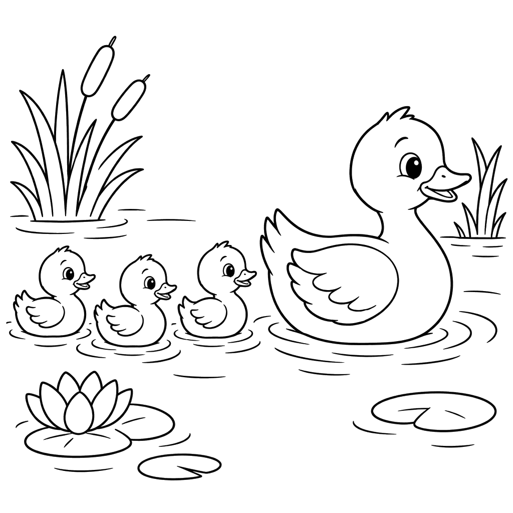 Mamãe pata e patinhos no lago