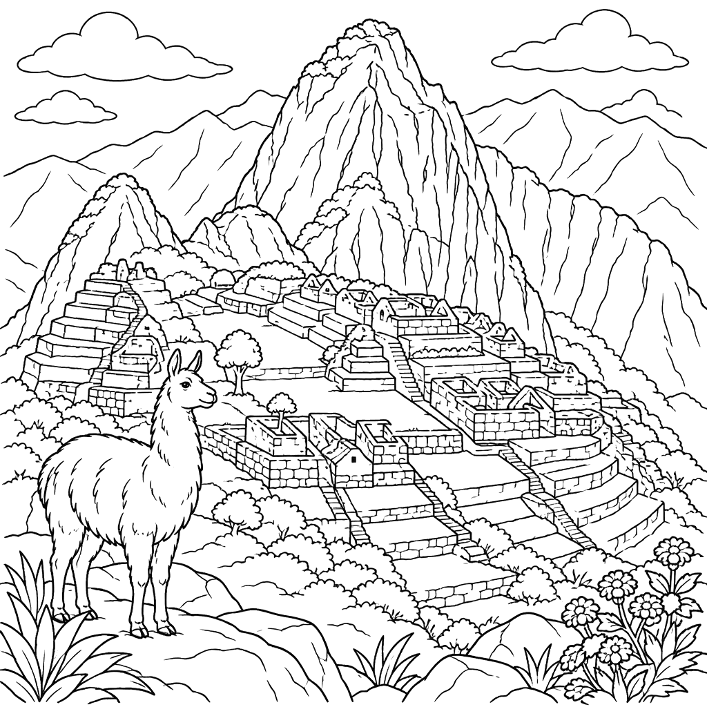 Machu Picchu, Peru, mit Lama – Ausmalbild
