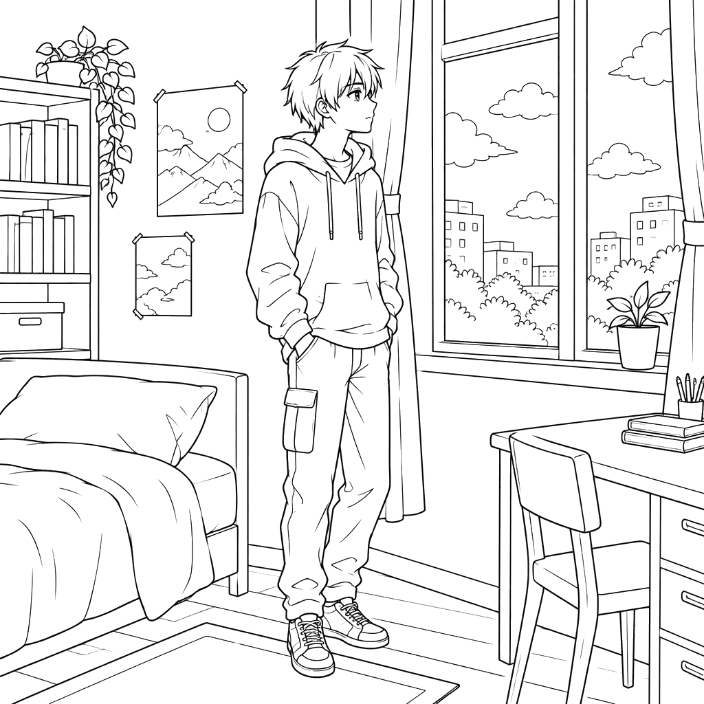 Garoto de anime junto à janela do quarto