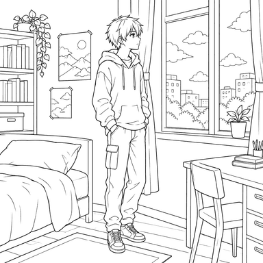 Garoto de anime junto à janela do quarto