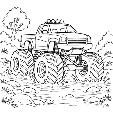 Monster truck traversant un ruisseau peu profond