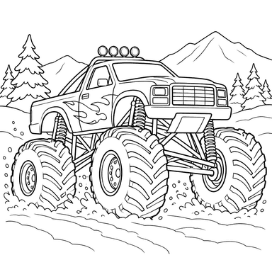 Monster truck sur une piste de montagne enneigée