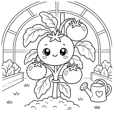 Süße Tomatenpflanze im Gewächshaus – Ausmalbild