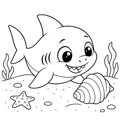 Tubarão bebê e concha – desenho para colorir