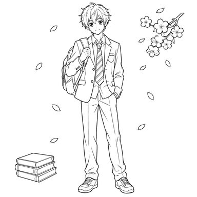 Desenho para colorir de menino anime com mochila e livros