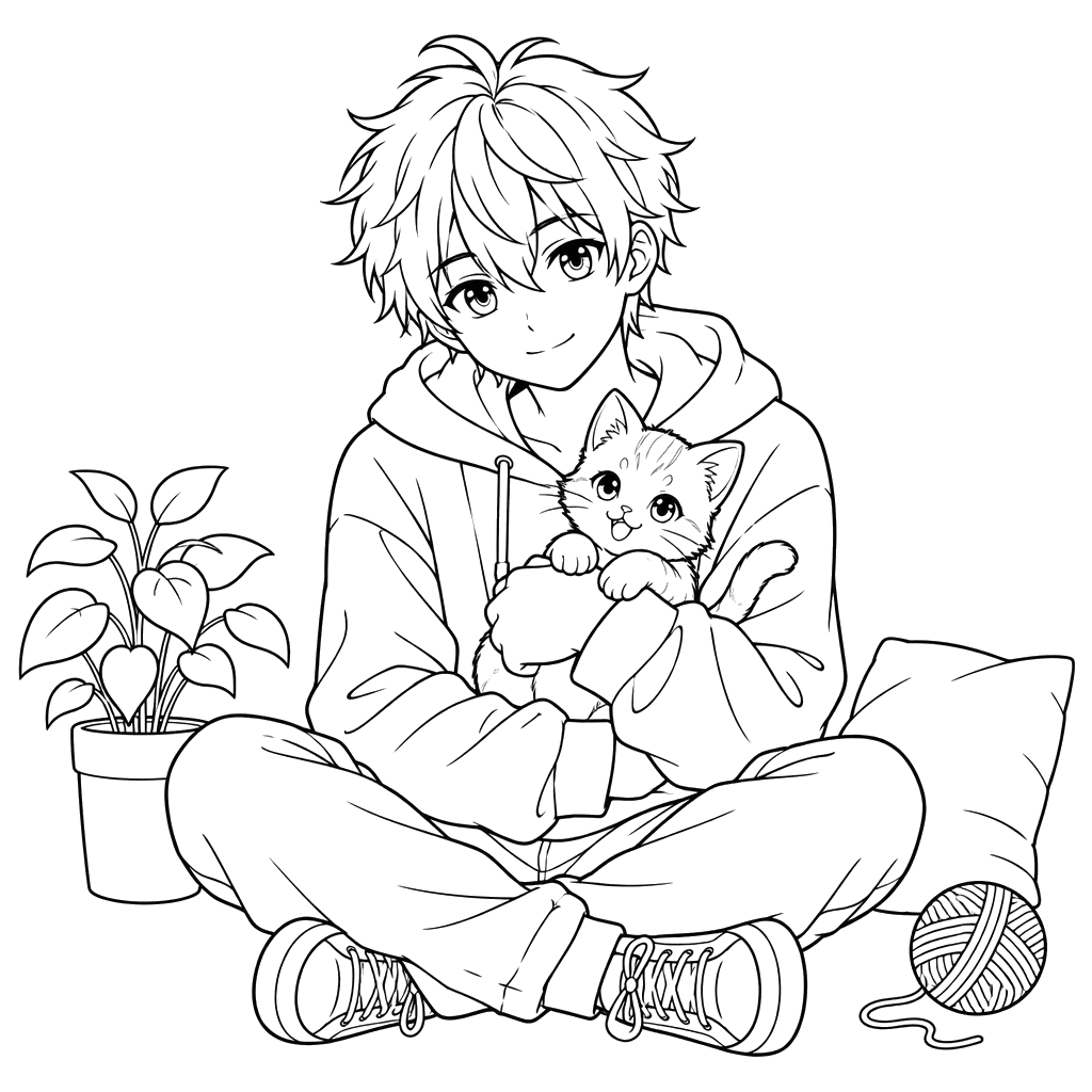 Desenho para colorir de menino anime com gatinho