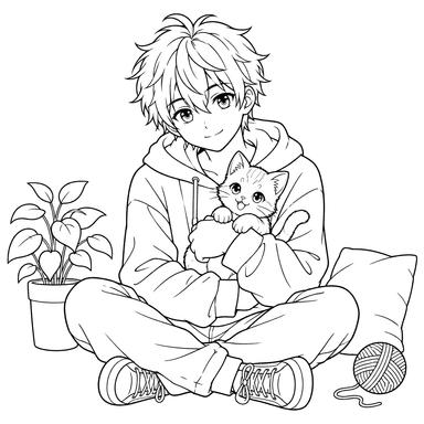 Desenho para colorir de menino anime com gatinho