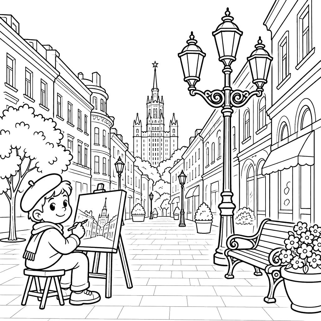 Desenho para colorir do Velho Arbat em Moscou