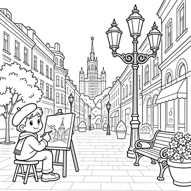Desenho para colorir do Velho Arbat em Moscou