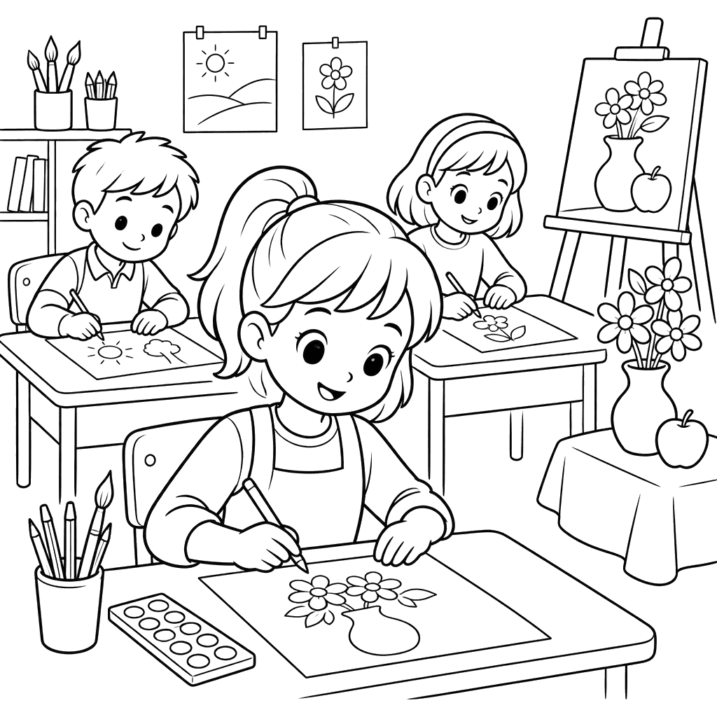 Desenho para colorir: alunos na aula de arte