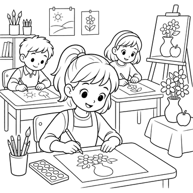 Ausmalbild: Schulkinder im Kunstunterricht