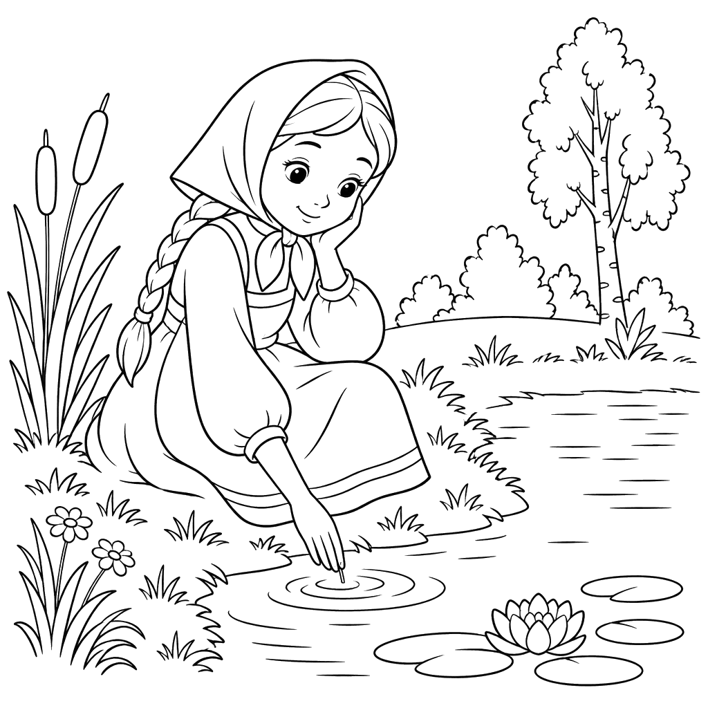 Alyonushka by the Quiet Pond Coloring Page